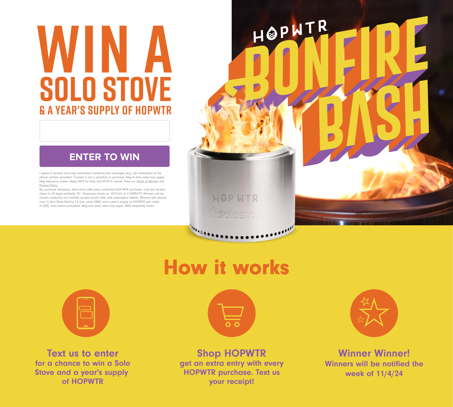 HOPWTR giveaway to win a Solo Stove and a year's supply, with steps to text in, shop, and wait for winners