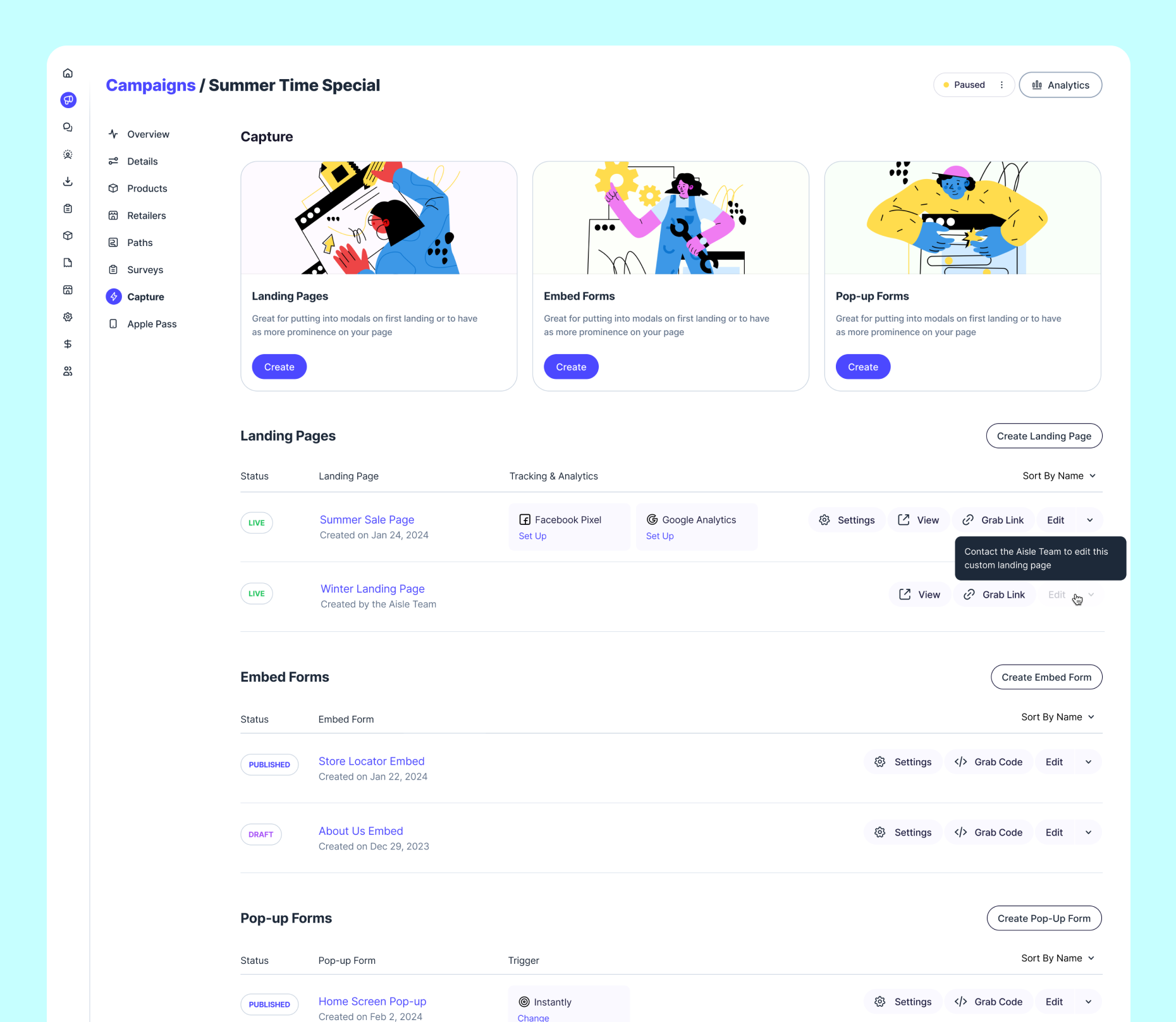 Campaign capture screen listing landing pages, embed forms, and pop-up forms for a Summer Time Special