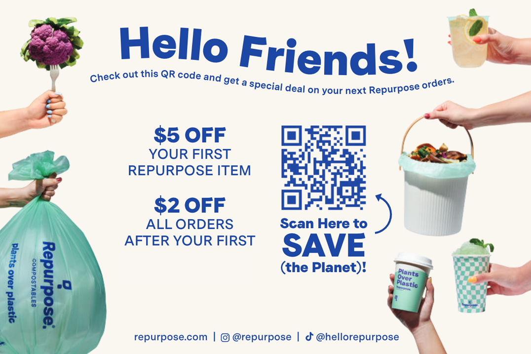Repurpose flyer offering $5 off the first item and $2 off later orders, with a QR code