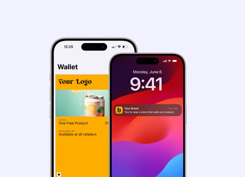 Apple Wallet pass for one free product, and a phone alert that you are near a store that sells it