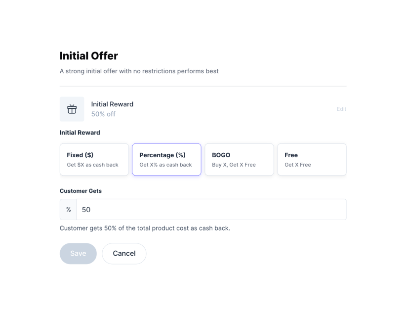 Initial offer editor set to 50% of the product cost as cash back