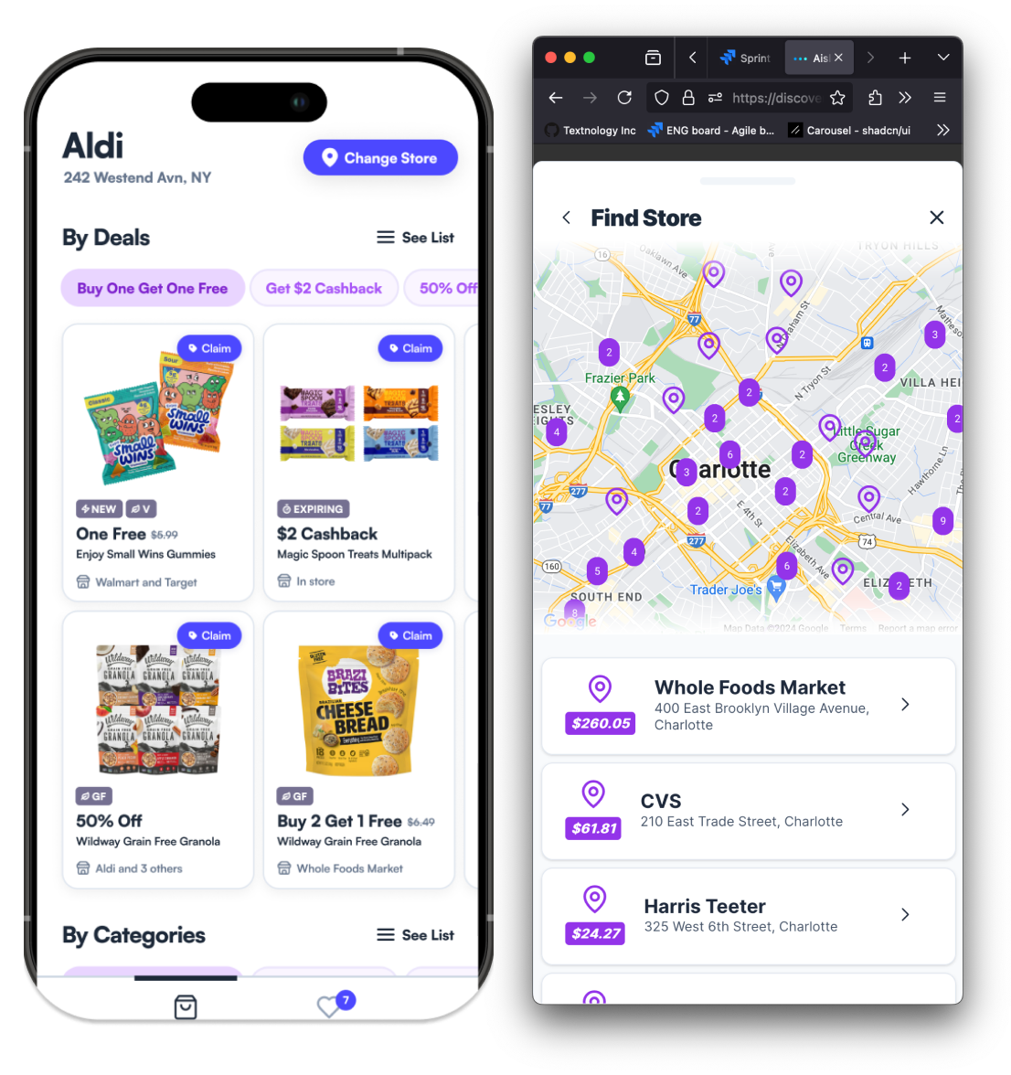 Phone showing Aldi deals beside a store finder map of Charlotte with Whole Foods, CVS, and Harris Teeter