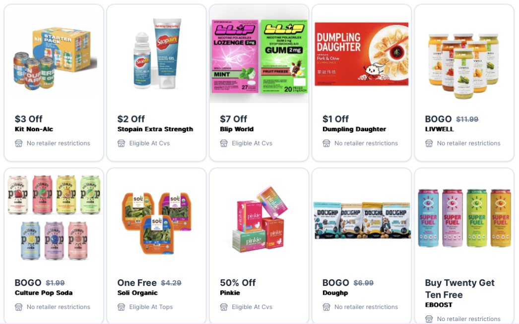Grid of cash-back offers, including Kit Non-Alc, Stopain, Biip World, Dumpling Daughter, Livwell, Culture Pop, Soli Organic, Pinkie, Doughp, and Eboost
