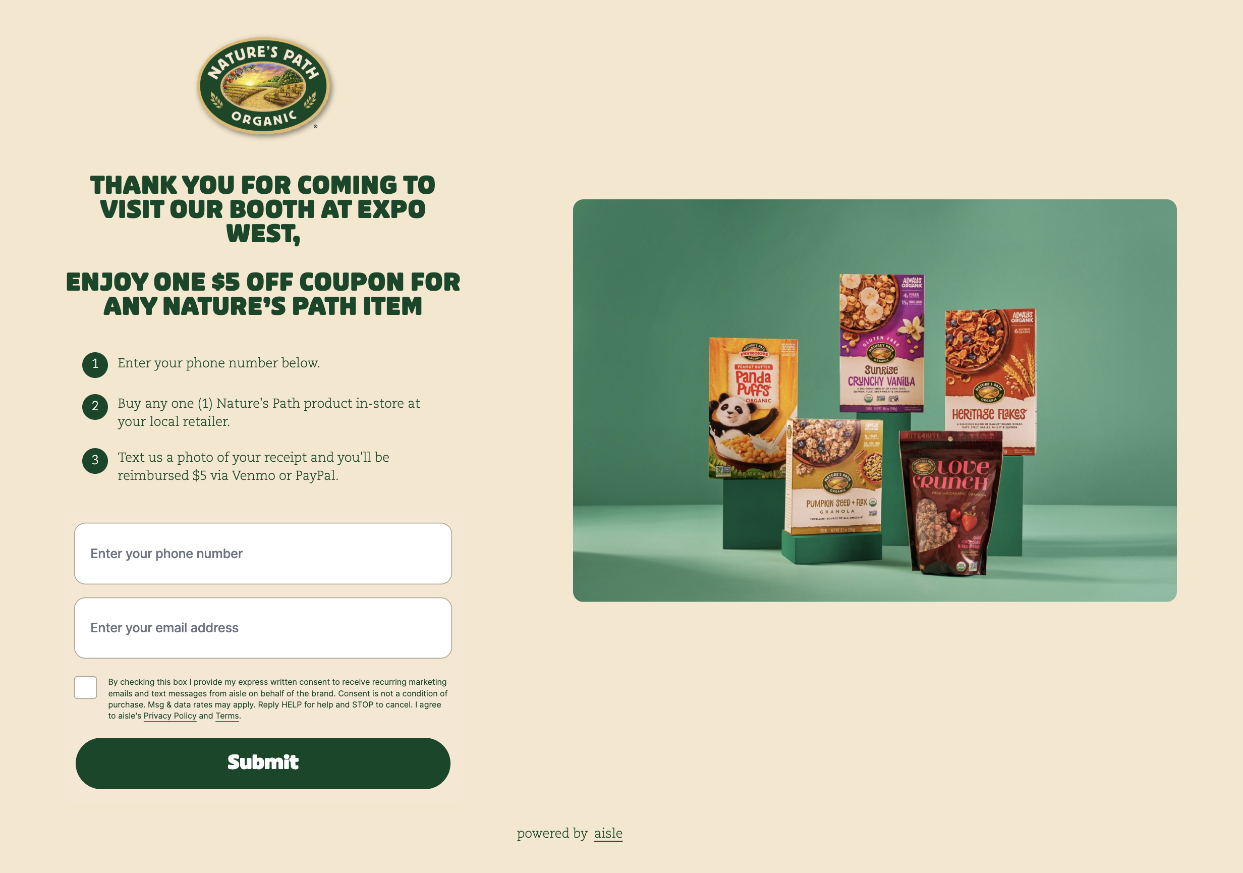 Nature's Path Expo West landing page offering $5 off any item after a phone number and receipt photo