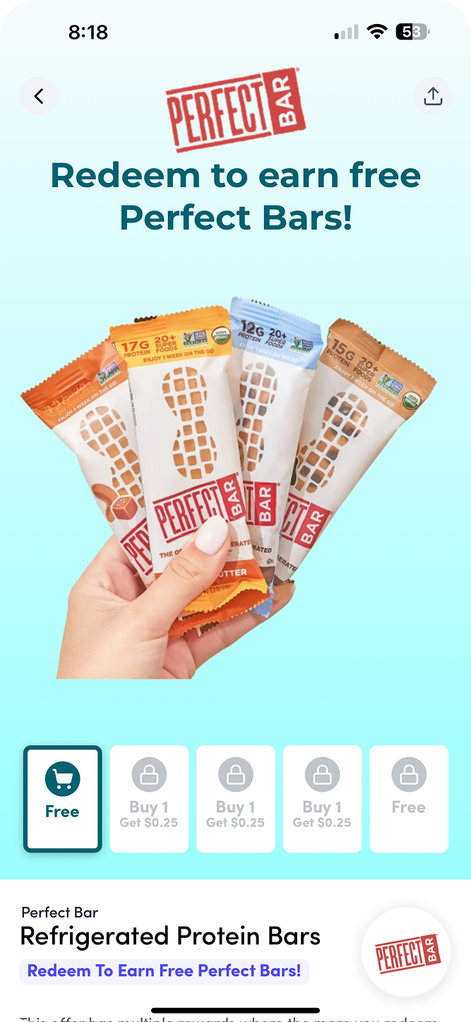Perfect Bar offer screen: redeem to earn free bars, with a reward path from a free bar to buy-one-get-$0.25 steps