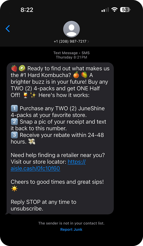 JuneShine text offer: buy two 4-packs and get one half off, with steps to purchase, text the receipt, and get the rebate