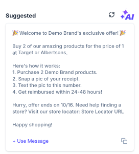Suggested message for Demo Brand's exclusive offer: buy 2 for the price of 1 at Target or Albertsons