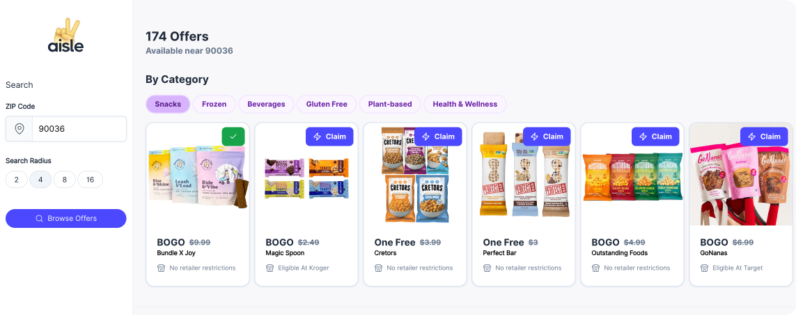 Aisle offers page showing 174 offers near zip code 90036, filtered by category