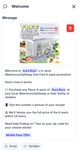 Welcome message for Aura Bora's Albertsons and Safeway offer: a free 6-pack, with a photo of the product