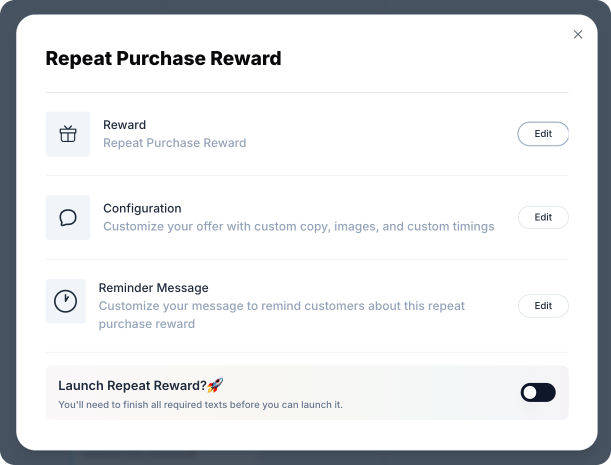 Repeat purchase reward setup, with reward, configuration, and reminder message still unfinished