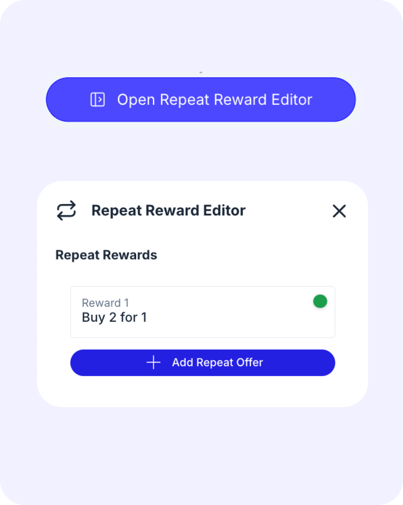 Repeat reward editor with one reward, buy 2 for 1, and a button to add another