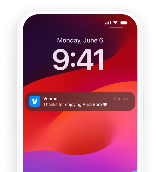 Venmo notification that says thanks for enjoying Aura Bora