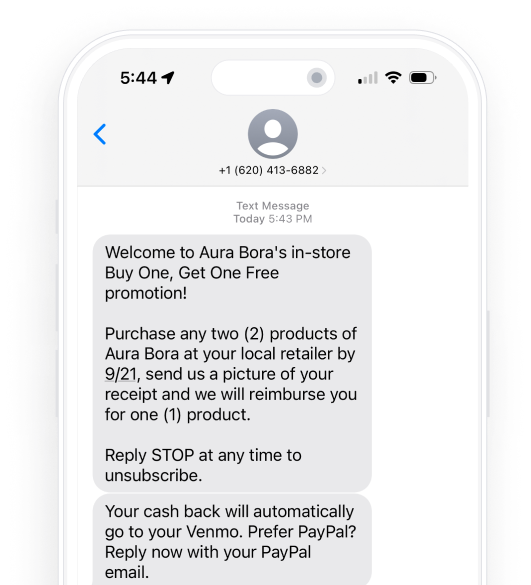 Text welcoming a shopper to Aura Bora's buy-one-get-one-free promotion and explaining how to send a receipt